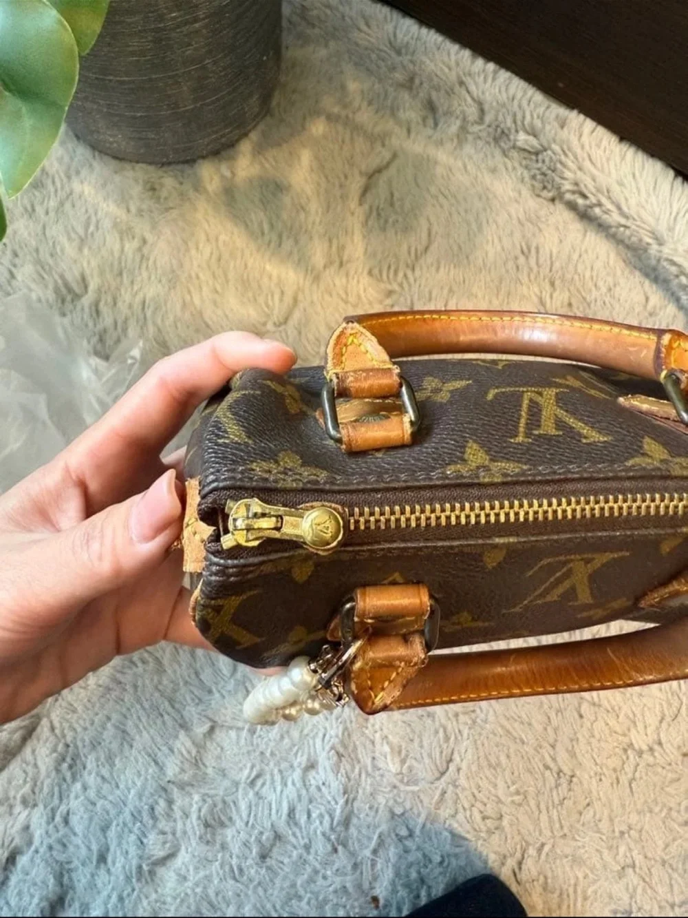 Louis Vuitton Brown Monogram Mini Top-Handle Bag with Pearl Charm
